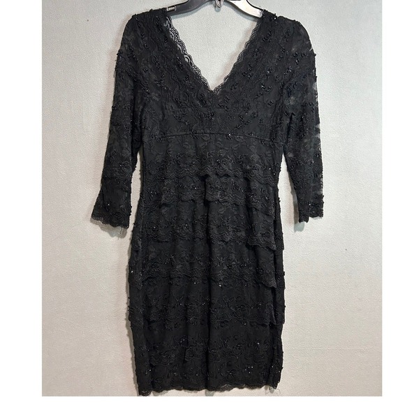 Marina Petite Black‎ Lace Beaded V Neck Sheath Dress Size 8P Party Evening - Picture 4 of 9